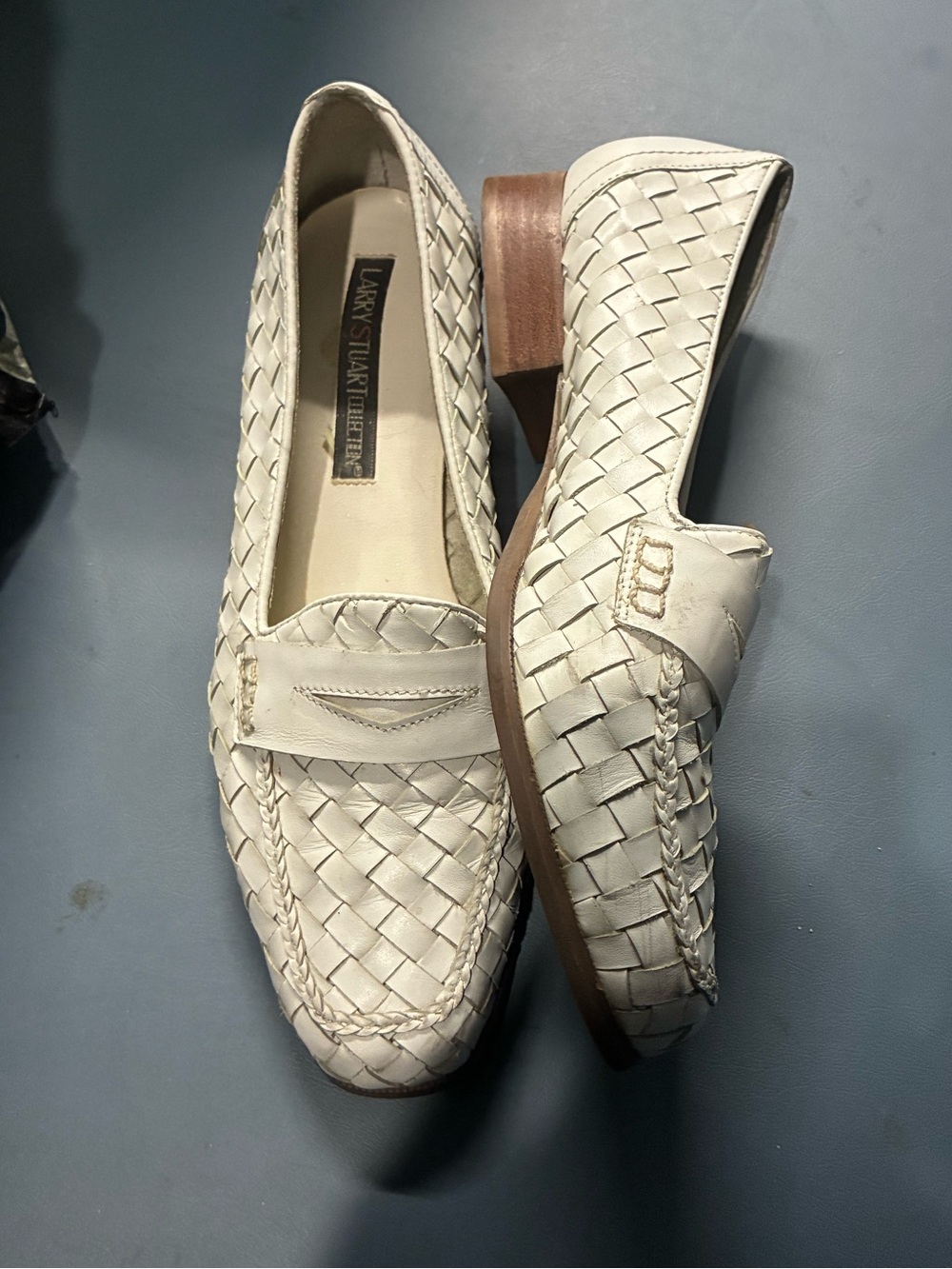 Woven Leather Penny Loafers in White 9